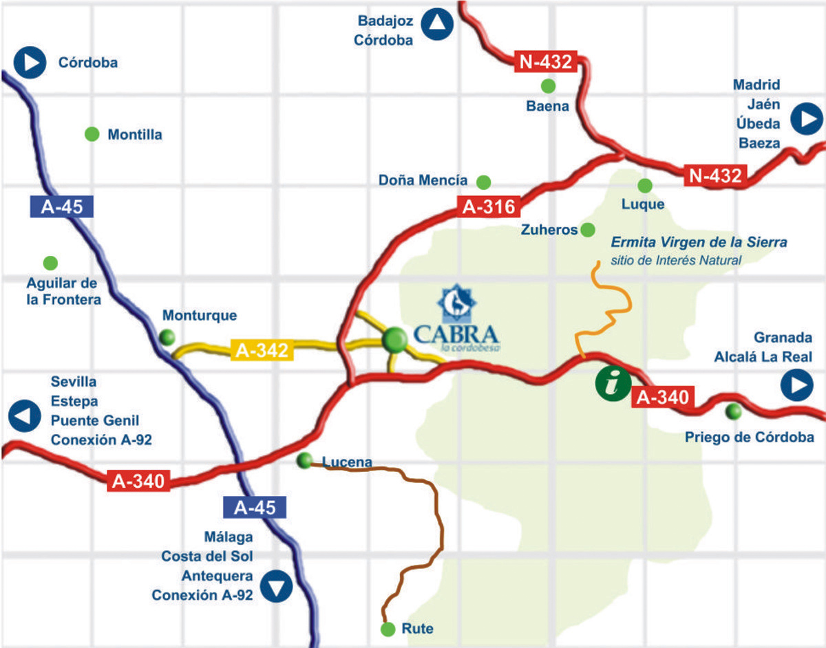 Mapa de carreteras con Cabra en el centro y los accesos desde Córdoba, Madrid y Jaén, Granada, Málaga y Sevilla