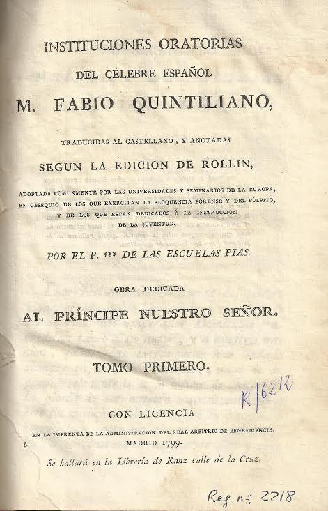 Foto 2 de 3 del artículo ««Instituciones oratorias del célebre español M. Fabio Quintiliano» (1799)»
