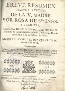 Foto 1 de 3 del artículo ««Breve resumen de la vida y virtudes de la v. madre sor Rosa de Santa Inés y Valdivia»…»