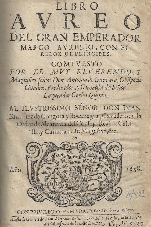 Foto 1 de 5 del artículo ««Libro aureo del gran emperador Marco Aurelio, con el relox de Principes» de Antonio de…»