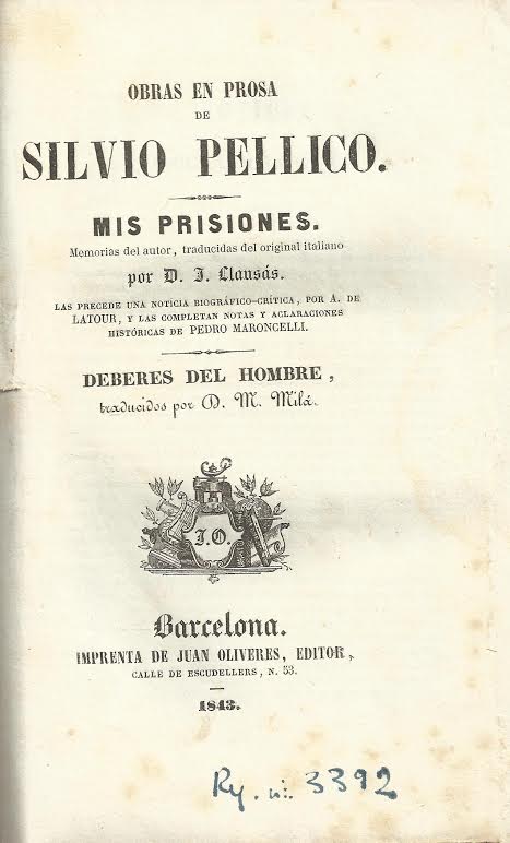 Foto 1 de 4 del artículo ««Mis prisiones» de Silvio Pellico (Barcelona, 1843)»