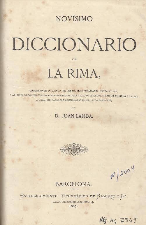 Foto 1 de 4 del artículo ««Novísimo diccionario de la rima» de Juan Landa (Barcelona, 1867)»