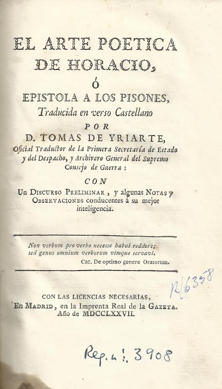 Foto 1 de 4 del artículo ««El arte poética de Horacio o Epístola a los Pisones», traducida por Tomás de Iriarte…»
