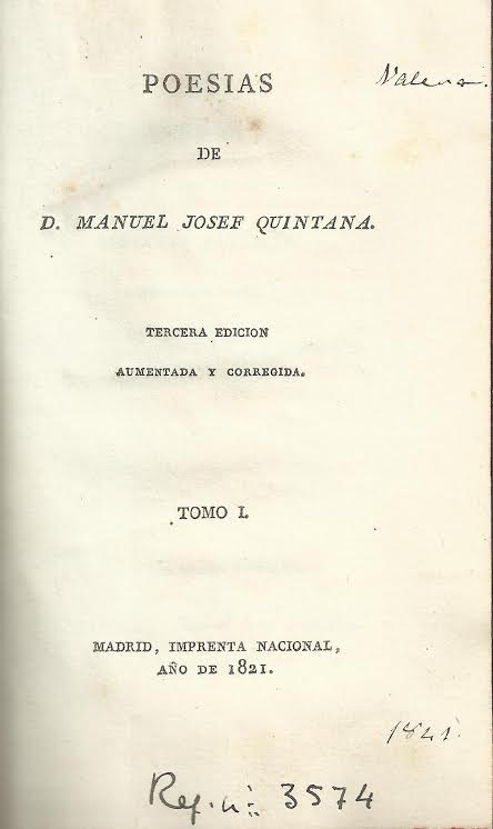 Foto 1 de 4 del artículo ««Poesías» de Manuel Josef Quintana (Madrid, 1821), donación de Juan Valera»