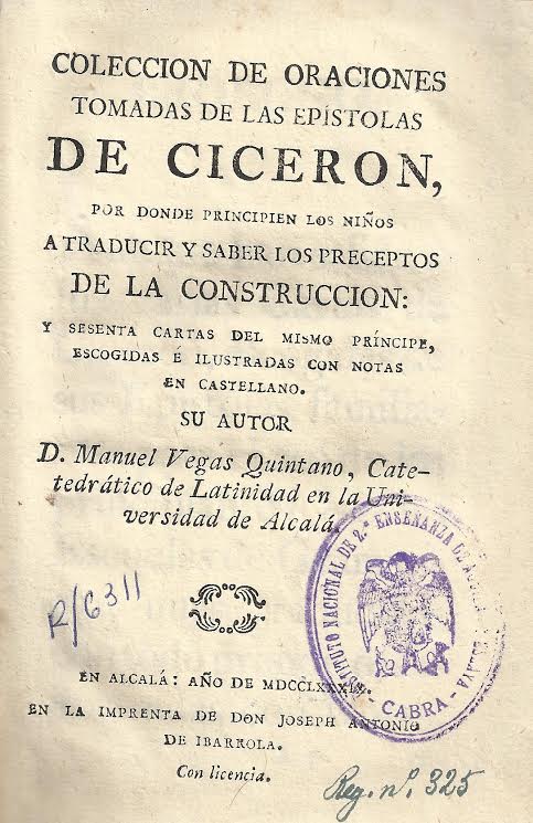 Foto 1 de 4 del artículo ««Colección de oraciones tomadas de las epístolas de Cicerón…» por Manuel Vegas Quintano…»