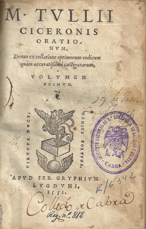 Foto 1 de 4 del artículo ««M. Tullii Ciceronis, Orationum», Volumen primun (Lugduni, 1551)»
