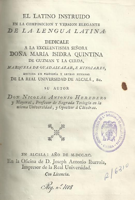 Foto 1 de 4 del artículo ««El latino instruido en la composición y versión elegante de la lengua latina» de Nicolás…»