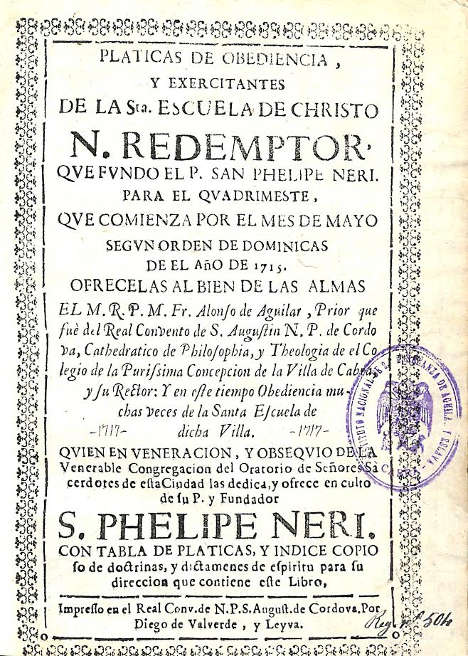 Foto 1 de 4 del artículo ««Pláticas de obediencia, y exercitantes de la Santa Escuela de Christo» por fray Alonso…»