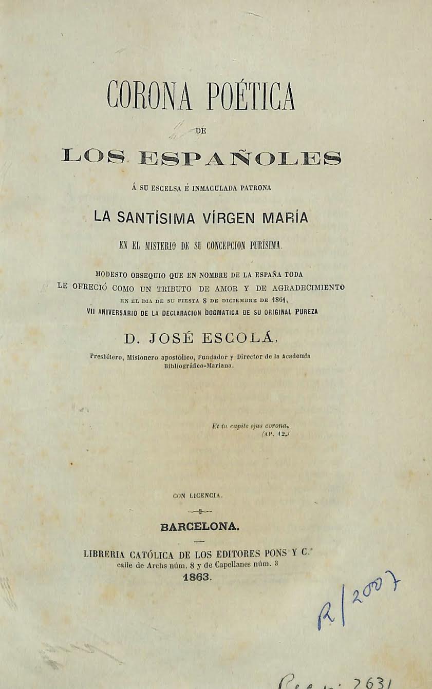 Foto 1 de 7 del artículo ««Corona poética de los españoles a su excelsa e inmaculada patrona la Santísima Virgen…»