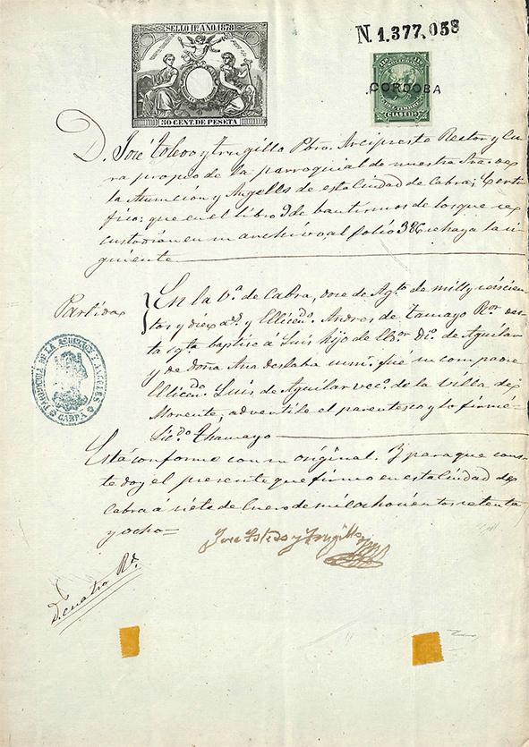 Foto del artículo «Certificado, conforme a su original, de la partida de bautismo de Don Luis de Aguilar y…»