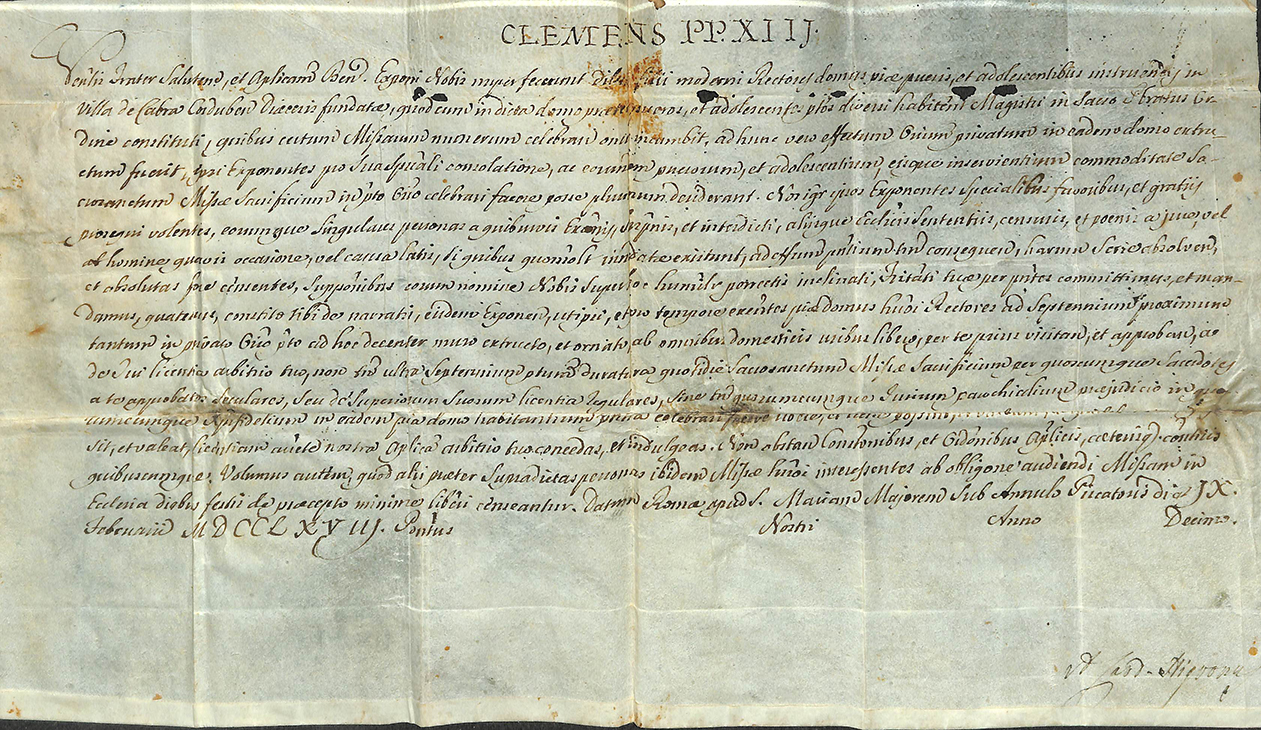 Foto 1 de 3 del artículo «Breve apostólico de Clemente XIII concediendo licencia para la celebración del Santo…»