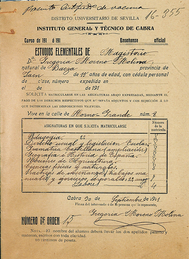 Foto 2 de 6 del artículo «Gregoria Moreno Molina, alumna de Magisterio Elemental en el Instituto de Cabra (1910)»