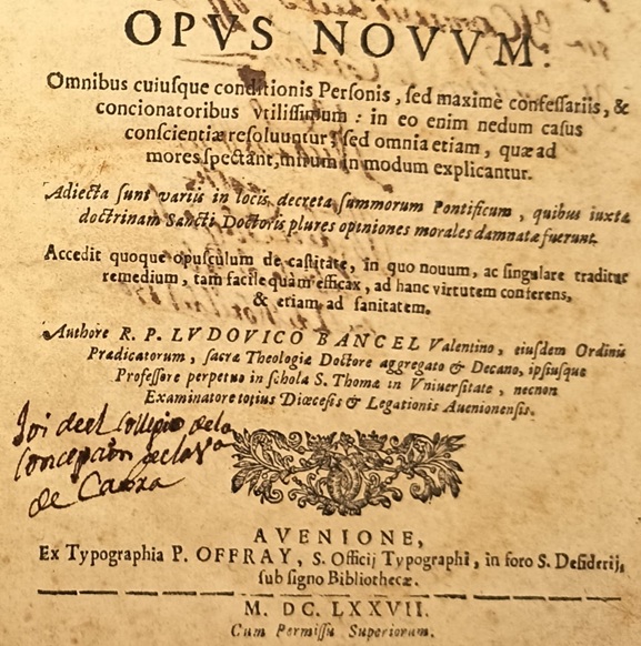 Detalle de la portada, con la viñeta y la anotación manuscrita del Colegio
