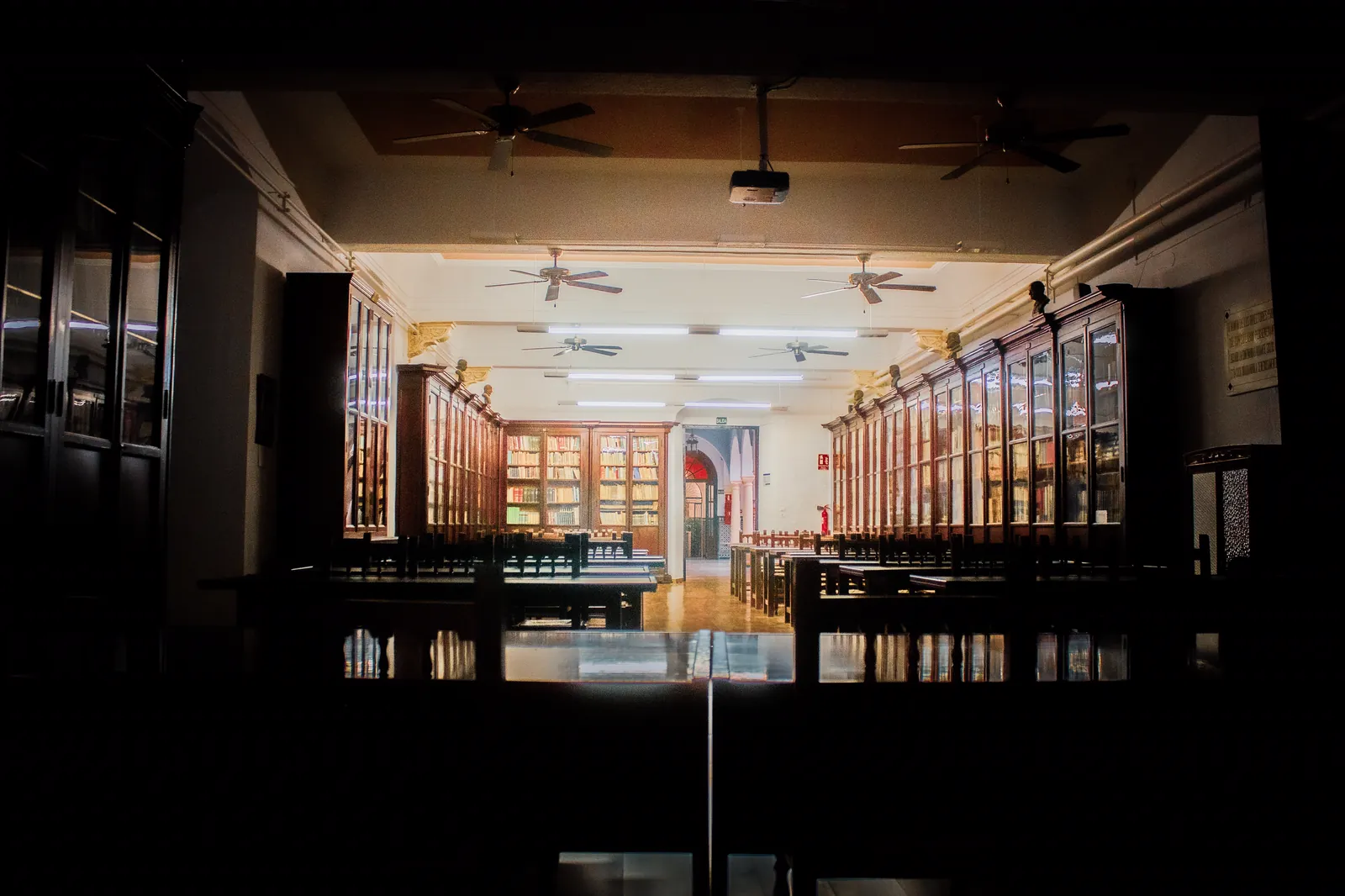 La biblioteca de la planta baja: mesas de lectura entre armarios de madera con vitrinas, coronados por bustos; al fondo, los arcos del Patio de Cristales