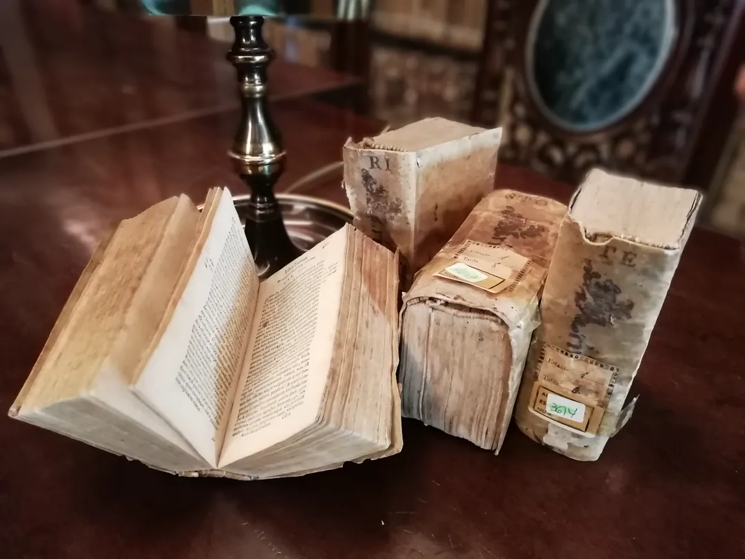 Cuatro libros pequeños encuadernados en pergamino sobre una mesa de madera, uno abierto, con etiquetas de signatura en los lomos