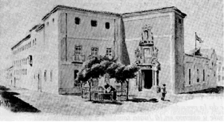 Grabado antiguo del edificio: la fachada larga, la portada con su balcón y una arboleda delante