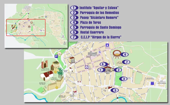 Plano de Cabra con siete lugares numerados alrededor del Instituto