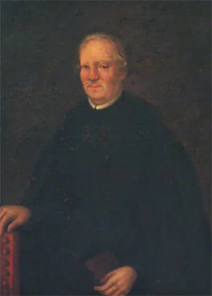 Retrato al óleo de un sacerdote de cabello blanco, vestido de negro, sentado