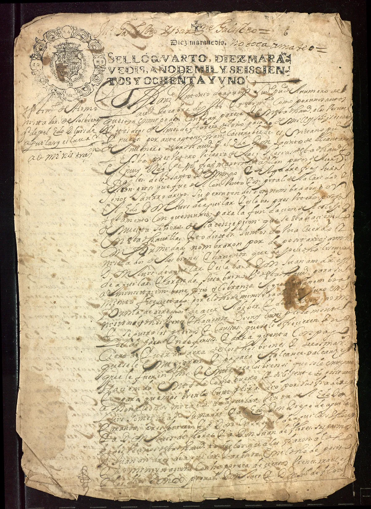 Plana manuscrita de 1681 sobre papel sellado, con el sello en la esquina superior izquierda y una nota al margen